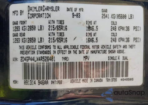 2004 Dodge Grand Caravan Sxt z USA, uszkodzony, nr VIN 2D4GP44LX4R526401